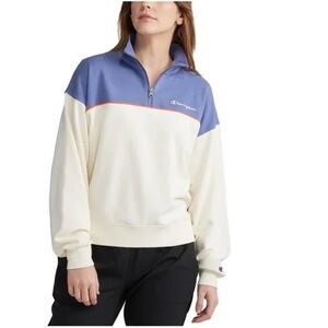 Champion Women's Color Block Blue and Cream Quarter Zip Sweatshirt size Large